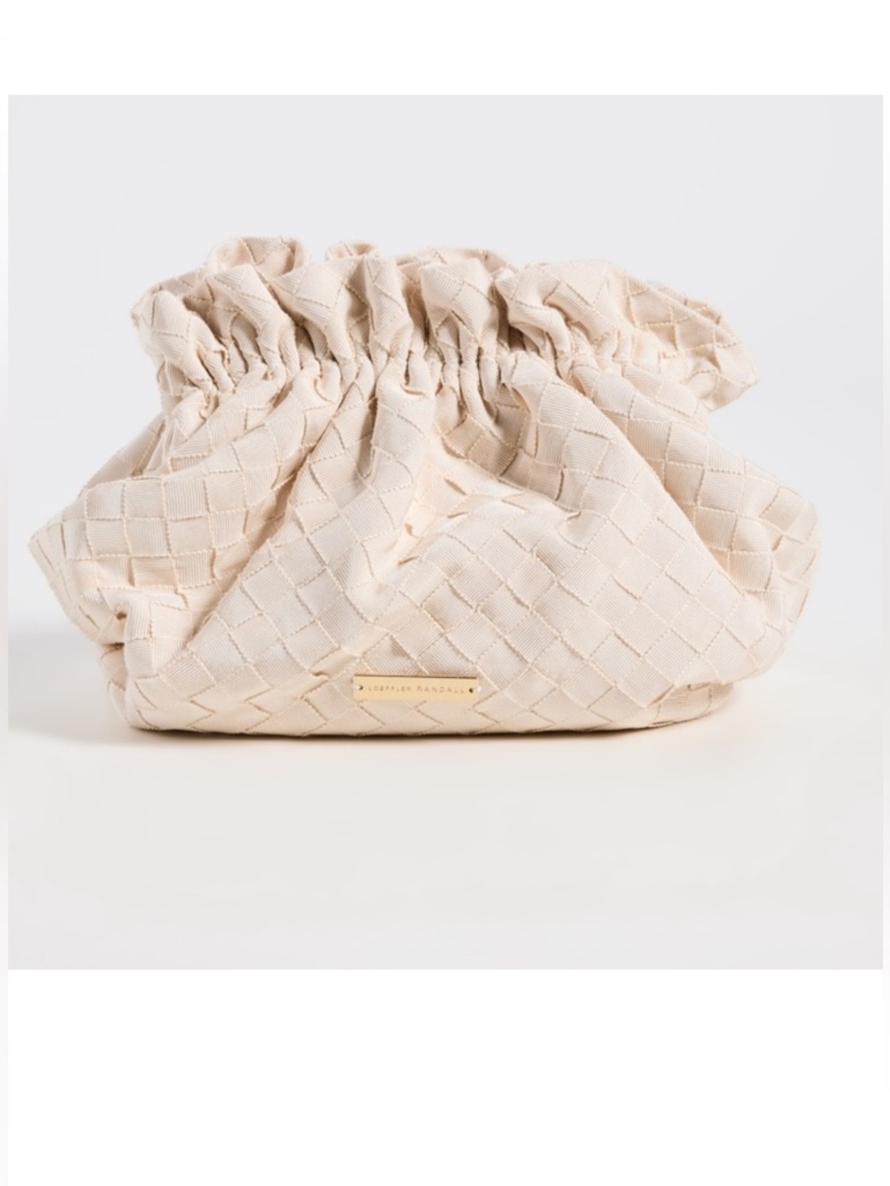 Loeffler Randall. Mini Willa Cinch Clutch with crossbody strap. Cream Woven.